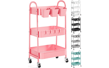3-Tier Pink Rolling Cart with Lockable Wheels