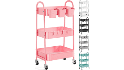 3-Tier Pink Rolling Cart with Lockable Wheels