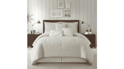 Grand Avenue Beige Cotton Comforter Set – 7 Piece Floral Jacquard King Bedding