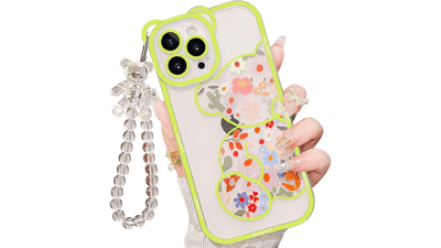 IAIYOXI iPhone 11 Lime Green Floral Bear Case with Strap