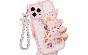 IAIYOXI iPhone 14 Pro Clear Case with Bear Flowers & Strap
