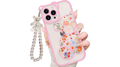 IAIYOXI iPhone 14 Pro Clear Case with Bear Flowers & Strap