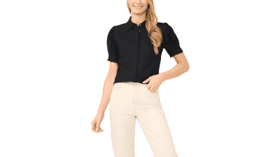 CeCe Women's Scallop Trim Button-Up Top