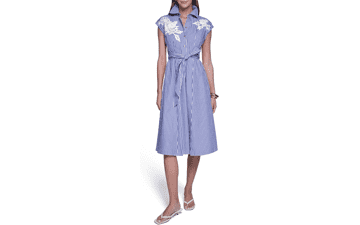 Halston Women's Cap Sleeve Midi Shirt Dress with Floral Applique
