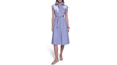 Halston Women's Cap Sleeve Midi Shirt Dress with Floral Applique