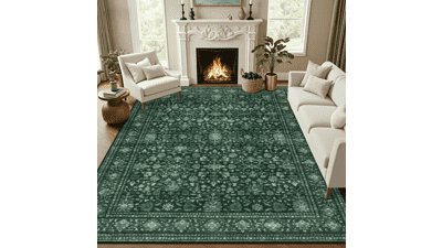 10x14 Washable Deep Green Vintage Area Rug