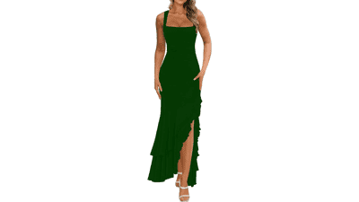BORIFLORS Women's Ruched Maxi Cocktail Dress – Elegant Bodycon, Square Neck