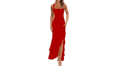 BORIFLORS Women's Ruched Maxi Cocktail Dress – Elegant Wedding Guest