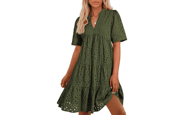 BTFBM Eyelet Boho Summer Dress – V-Neck, Ruffle A‑Line