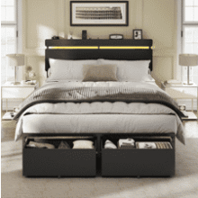 Forestell Full Size Bed Frame with Headboard, Storage, USB Charging & LED Lights