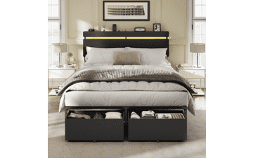 Forestell Full Size Bed Frame with Headboard, Storage, USB Charging & LED Lights
