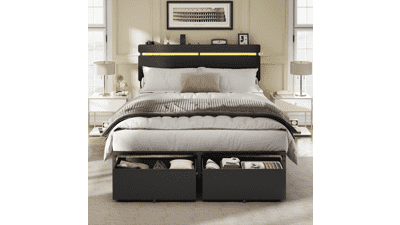 Forestell Full Size Bed Frame with Headboard, Storage, USB Charging & LED Lights