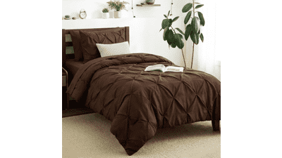 Twin Comforter Set – 5 Piece Brown Pintuck Bed in a Bag