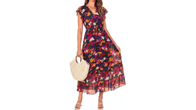 BTFBM Women's Wrap V Neck Midi Dress