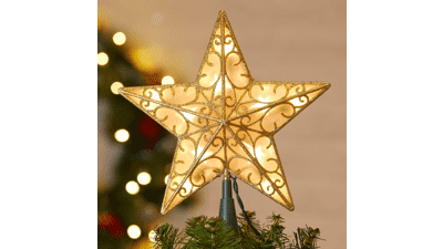 Gold Glitter Lighted Christmas Tree Topper Star