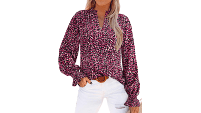 MASCOMODA Womens Boho Floral Long Sleeve Blouse