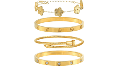 4Pcs 18K Gold Plated Stackable Bracelets for Women