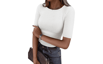 ANRABESS Women's Half Sleeve Ribbed Knit Tee