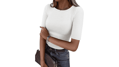 ANRABESS Women's Half Sleeve Ribbed Knit Tee