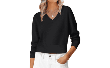 ANRABESS Women's Long Sleeve V-Neck Cropped Sweater