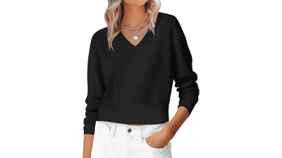 ANRABESS Women's Long Sleeve V-Neck Cropped Sweater