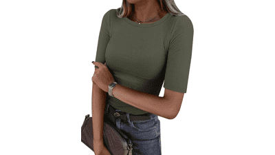 ANRABESS Women's Ribbed Knit Half Sleeve Tee