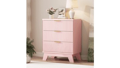 Fluted 3-Drawer Dresser with Metal Handle, Pink